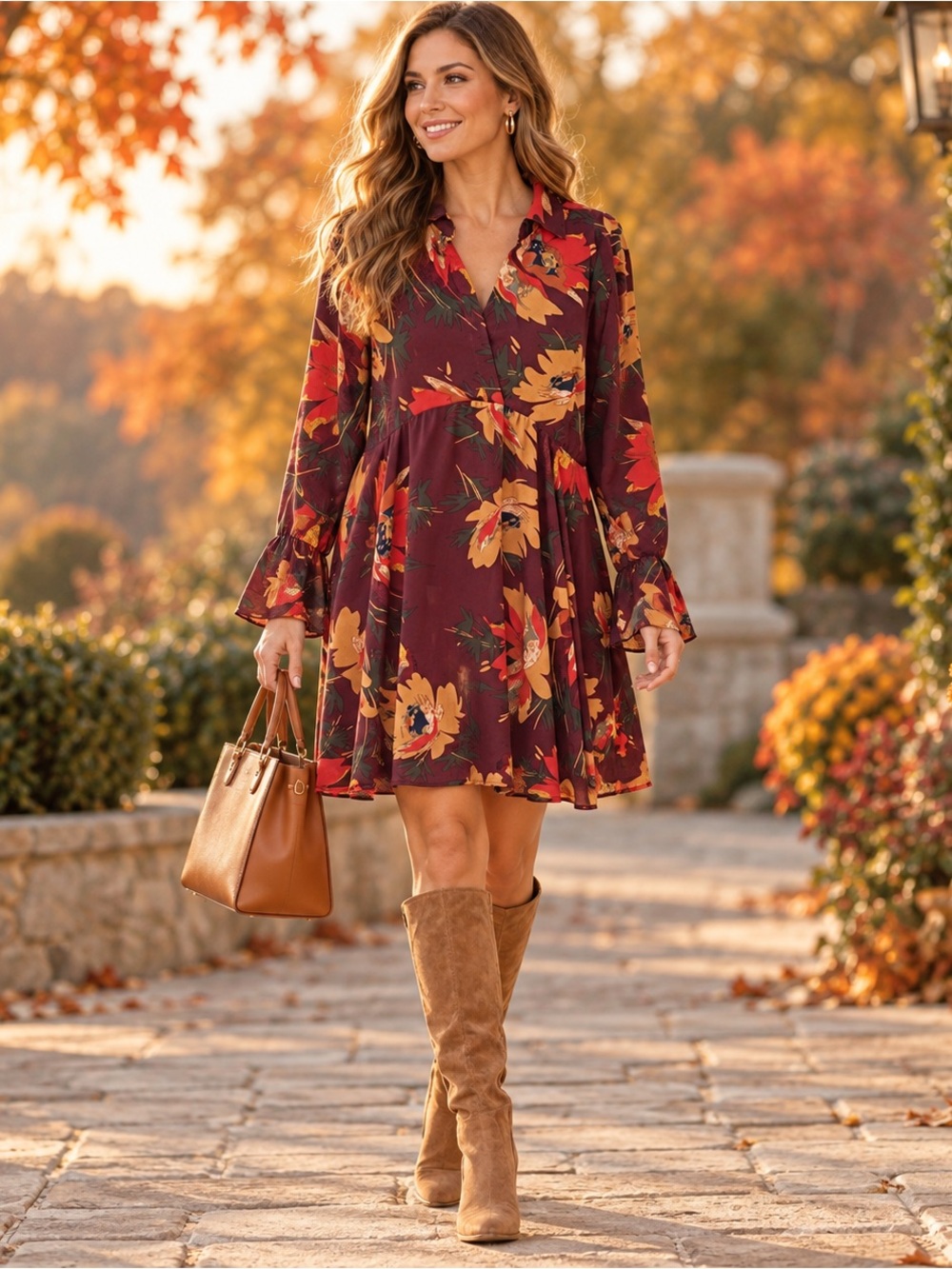 Umgee XL Burgundy Floral Boho Tiered Tunic Dress Bell Sleeve Fall